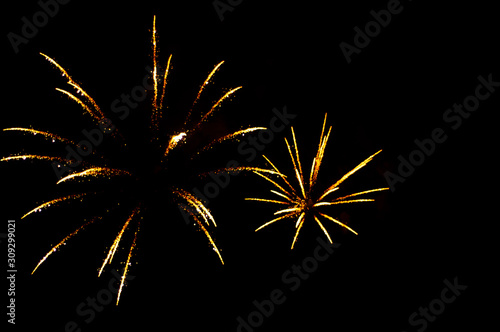 Two yellow fireworks in the shape flowers on the black background.