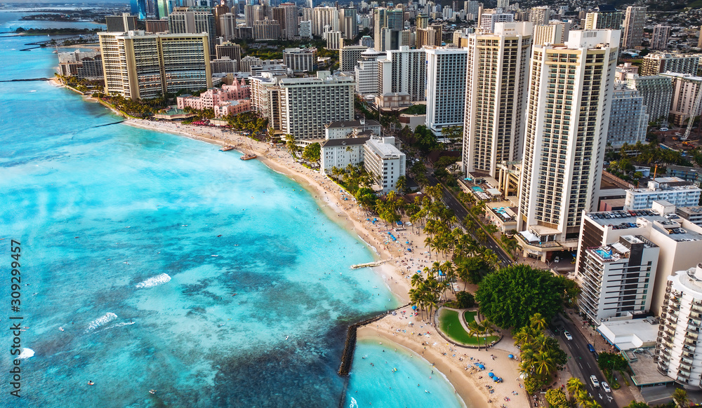 Aerial drone cityscape of Waikiki beach, Honolulu, Oahu, Hawaii. Ocean