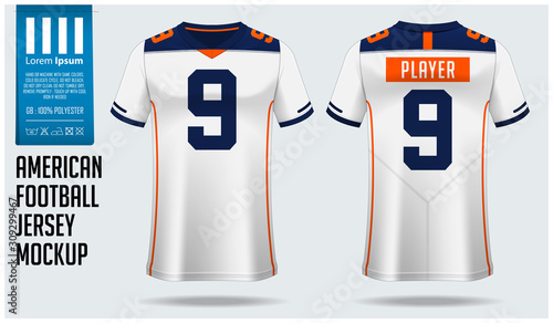 American football jersey mockup template design for sport club. Football t-shirt sport. Front view and back view rugby football uniform. Vector Illustration.