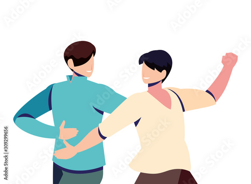 scene of men in dance pose, party, dance club