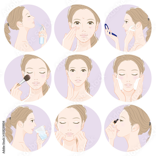 スキンケアをしている女性のイラスト