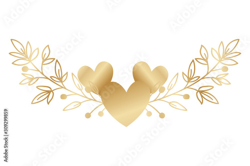 Isolated gold hearts with leaves wreath vector design