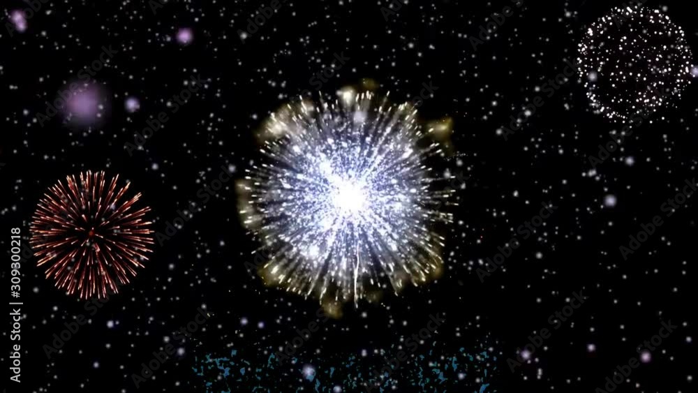 4K Firework display with snow falling in black night sky. 4K Firework display with snow falling in black night sky.