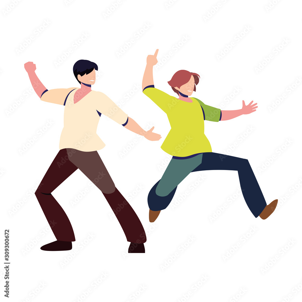 men in pose of dancing on white background