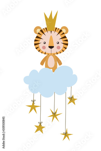 Cute tiger with corwn over cloud and stars vector design photo