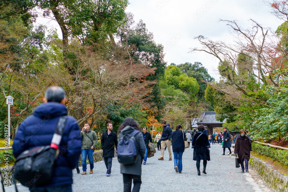 寺と紅葉と観光客