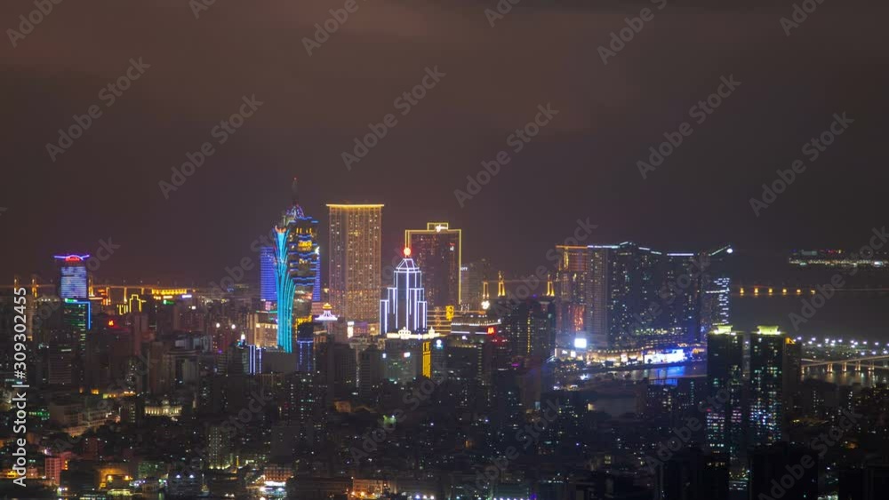 Macau Peninsula aerial cityscape night timelapse pan up Macau Peninsula aerial cityscape night timelapse pan up