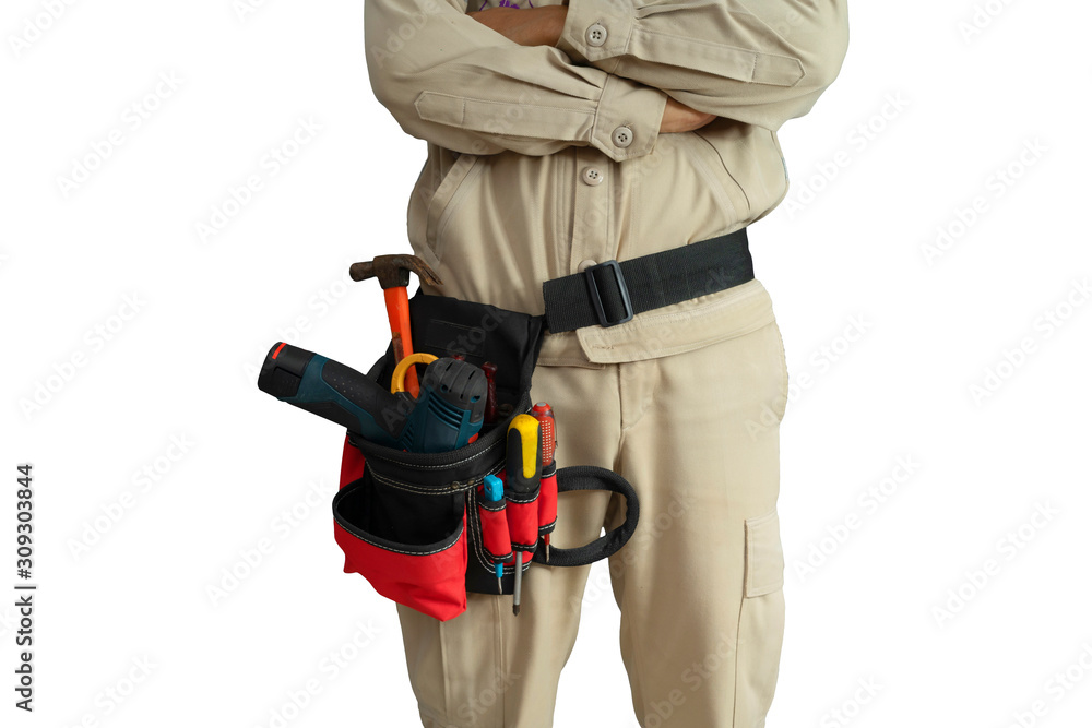 Close-up Electrician uniform with tool belt isolated on white background Close-up Electrician uniform with tool belt isolated on white background