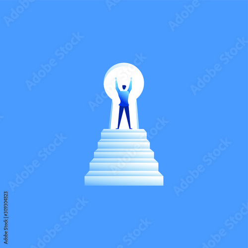 The businessman leader runs to reach dreams and opportunities. Businessman run in front of stair keyhole door with blue flat illustration vector