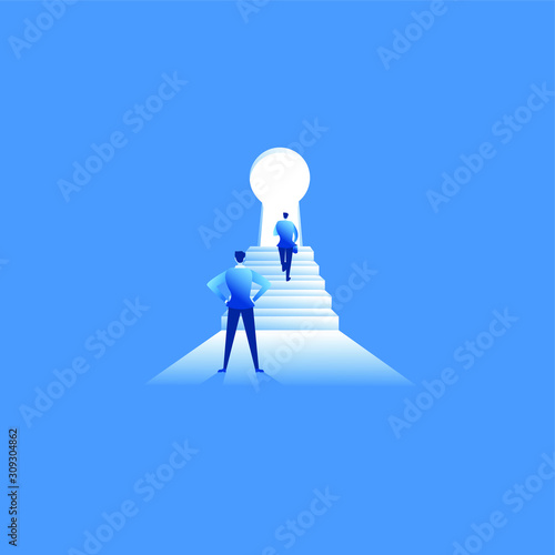 The businessman leader runs to reach dreams and opportunities. Businessman run in front of stair keyhole door with blue flat illustration vector