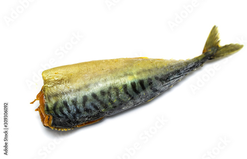 Smoked headless mackerel fish on a white background
