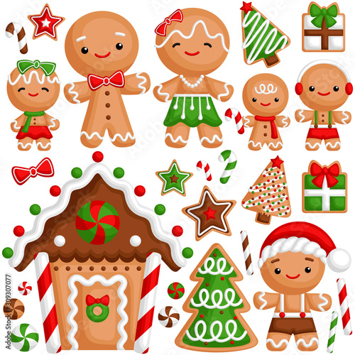 A Vector Set of Cute Gingerbread Family Celebrating Christmas Time with Warm House and Presents