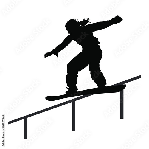 A vector silhouette of a female snowboarder grinding a rail.
