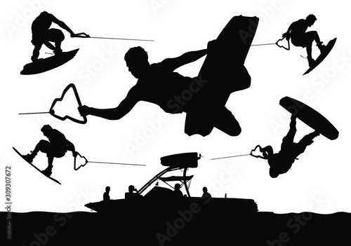 Vector wakeboarding silhouettes of in-air action and a wakeboard boat in the water.
