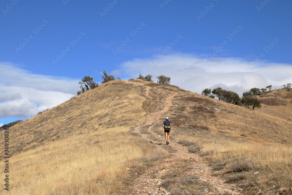 Trail runner ascends a hill in the foothills of the Wasatch after a hot summer dried out the landscape