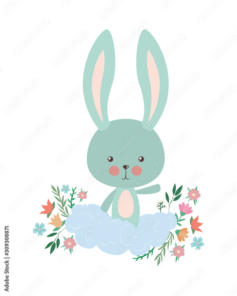 Fototapeta premium Cute rabbit cartoon with flowers and leaves vector design