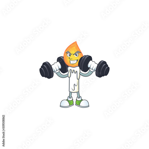 Fitness exercise white candle mascot icon with barbells