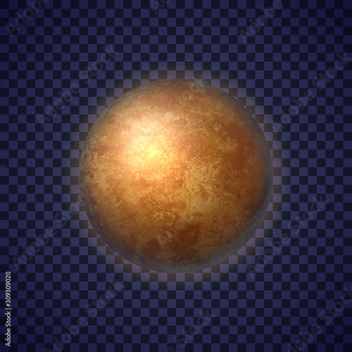 Mercury planet on deep transparent background. Colorful first planet of solar system. Galaxy discovery and exploration. Realistic cosmic vector illustration for design school education materials.