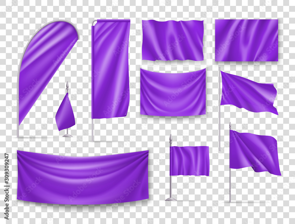 Purple Rectangular Flags Set Isolated On Transparent Background