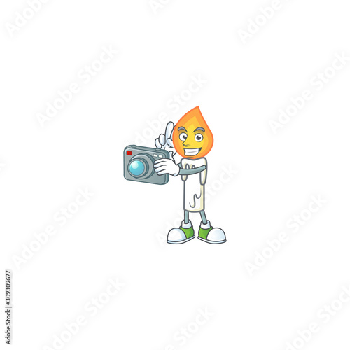 Smart Photographer white candle cartoon mascot with a camera
