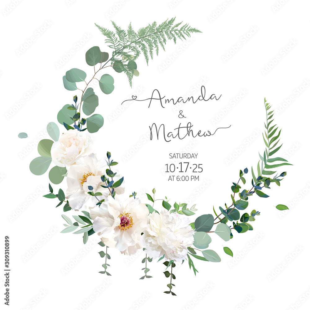 Obraz Greenery and white peony, rose flowers vector design round invitation frame