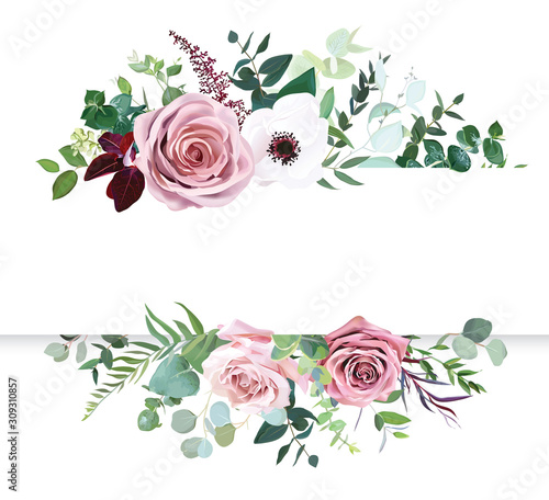 Dusty pink rose, pale flowers, white anemone horizontal botanical vector design banner