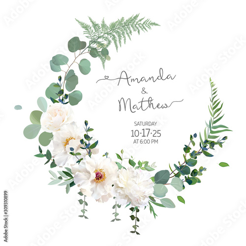 Obraz na płótnie Greenery and white peony, rose flowers vector design round invitation frame