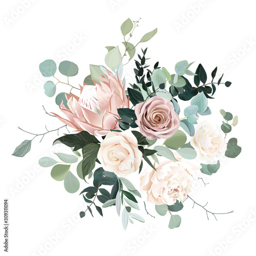 Silver sage and blush pink flowers vector design bouquet.