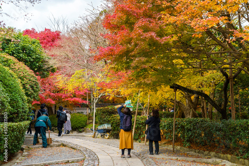寺と紅葉と観光客