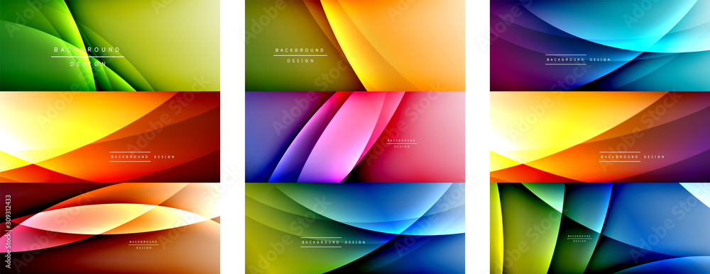 Set of wave liquid style lines with shadows and light on gradient backgrounds. Trendy simple fluid color gradient abstract backgrounds with dynamic straight shadow line effect