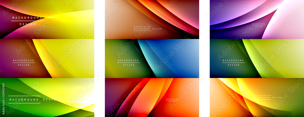 Set of wave liquid style lines with shadows and light on gradient backgrounds. Trendy simple fluid color gradient abstract backgrounds with dynamic straight shadow line effect