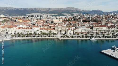 Drone shot of the town of Split with Palm Trees
