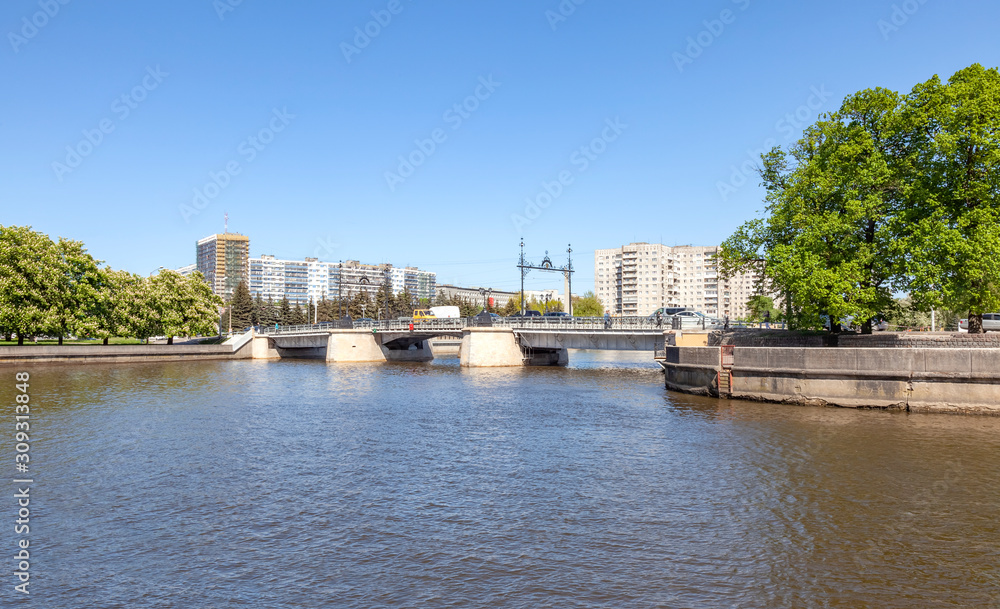 Kaliningrad River Pregolya. Wooden bridge