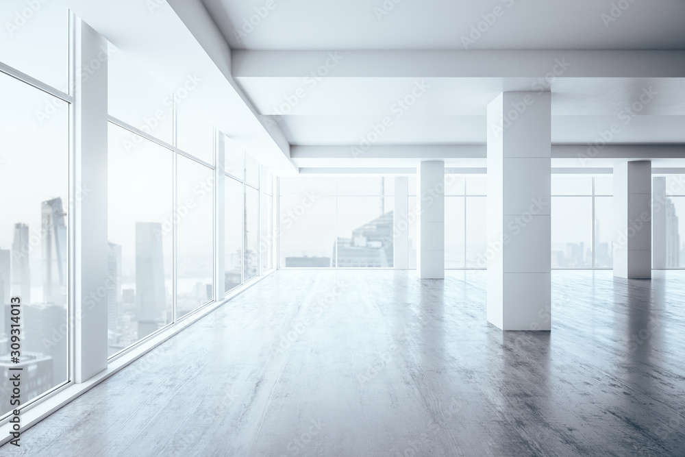 Empty office interior with big windows and city view, real estate concept. 3D Rendering Empty office interior with big windows and city view, real estate concept. 3D Rendering