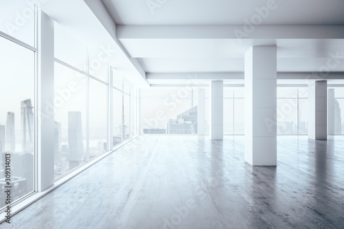 Empty office interior with big windows and city view  real estate concept. 3D Rendering