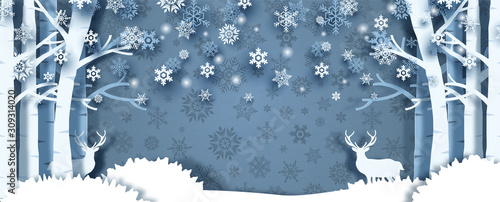 Closeup and crop winter season of pine forest with deers, space for texts on silhouette snow flake pattern and blue background. Christmas greeting card in paper cut style and banner vector design.