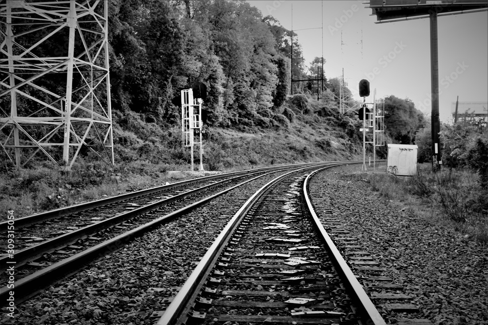 train tracks b/w
