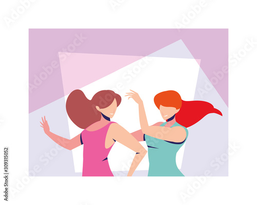 scene of women in dance pose, party, dance club