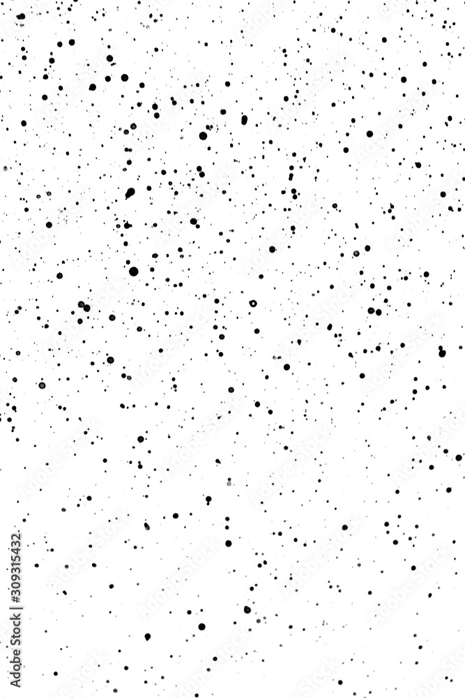 Chaotic black star bokeh on a isolated white background. falling blurry bokeh snow overlay, starry sky. black spots on white background, black drops and spots. abstraction.