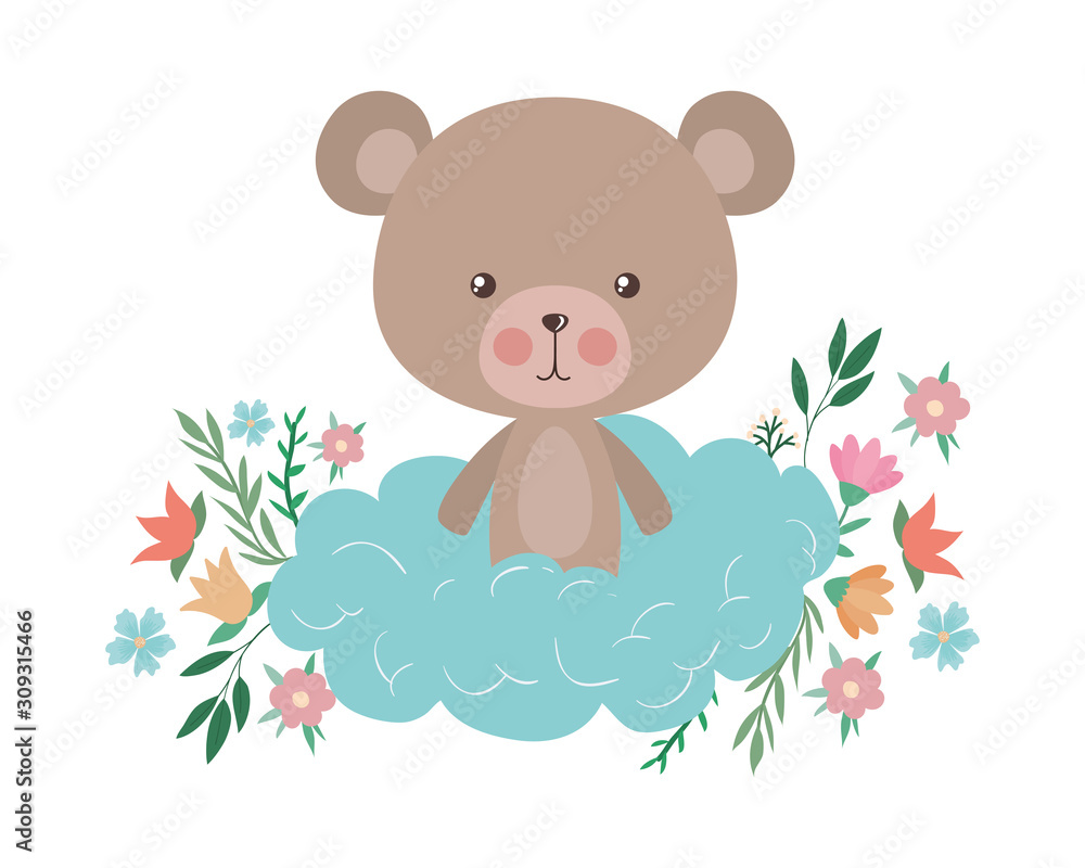 Cute bear with cloud flowers and leaves vector design
