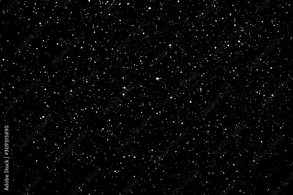 Chaotic white star bokeh on a isolated black background. falling blurry ...