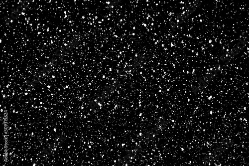 Chaotic white star bokeh on a isolated black background. falling blurry bokeh snow overlay, starry sky. white spots on black background, white drops and spots. abstraction.