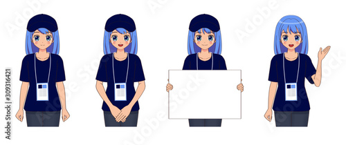 Anime Girl in Employee or Volunteer Wear (vector set).