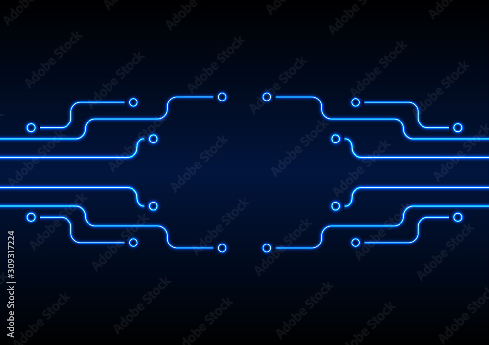 Glowing blue neon circuit board chip abstract design. Technology vector background
