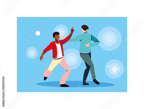 scene of men in dance pose, party, dance club