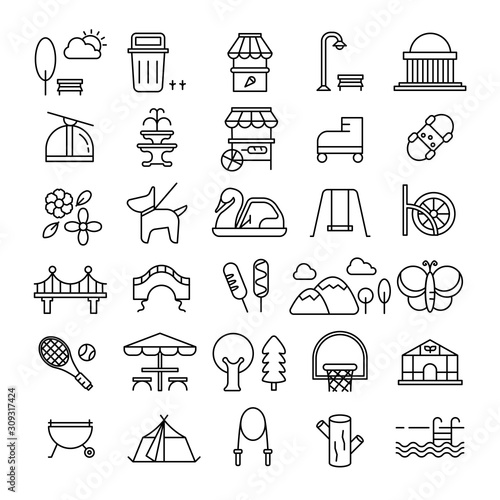 set of park, camp, travel icons editable stroke line. thin line icon, logo, sign, symbol design. landmark place. national park. glasshouse. amusement park. museum. animal icon. pedal boat icon.