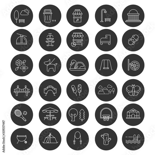 set of park and camp icons in circle frame. natural icon, sign, symbols collection. landmark place icon set. national park. glasshouse. amusement park. museum. animal icon. pedal boat icon.