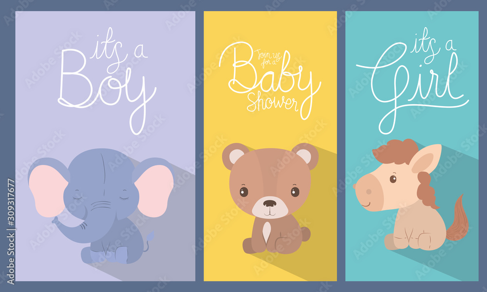 Obraz premium Baby shower invitation with animals cartoons vector design