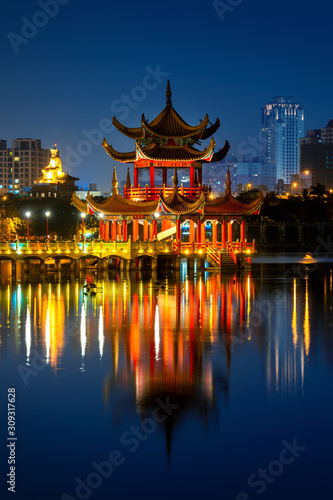 Wuliting pavilion at night. Kaohsiung's famous tourist attractions in Taiwan.