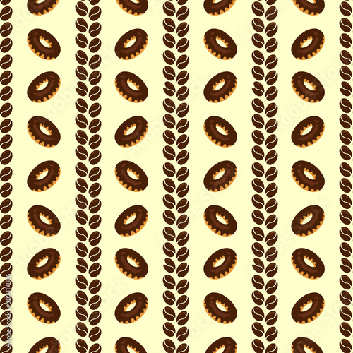 Vector seamless pattern with coffee beans and chocolate donuts; tasty background for package, wrapping paper, wallpaper, fabric, textile, web design.